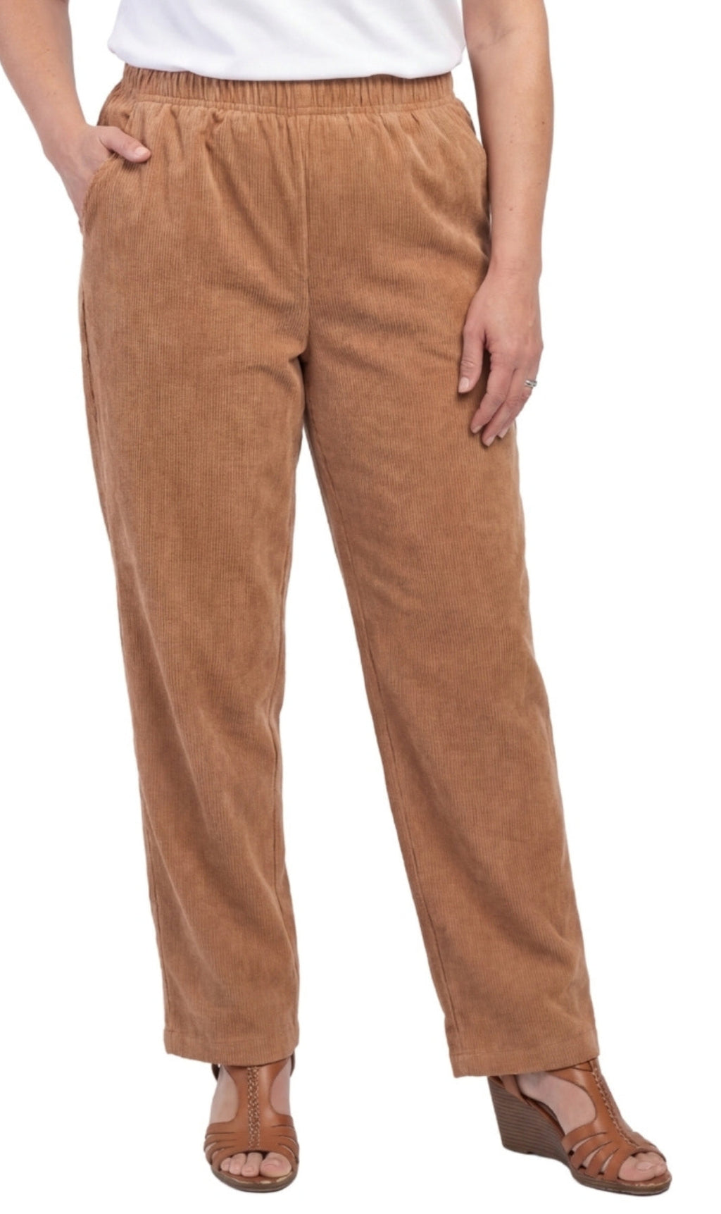 Womens Pull On Fine Wale Corduroy Pants with soft-covered elastic waist