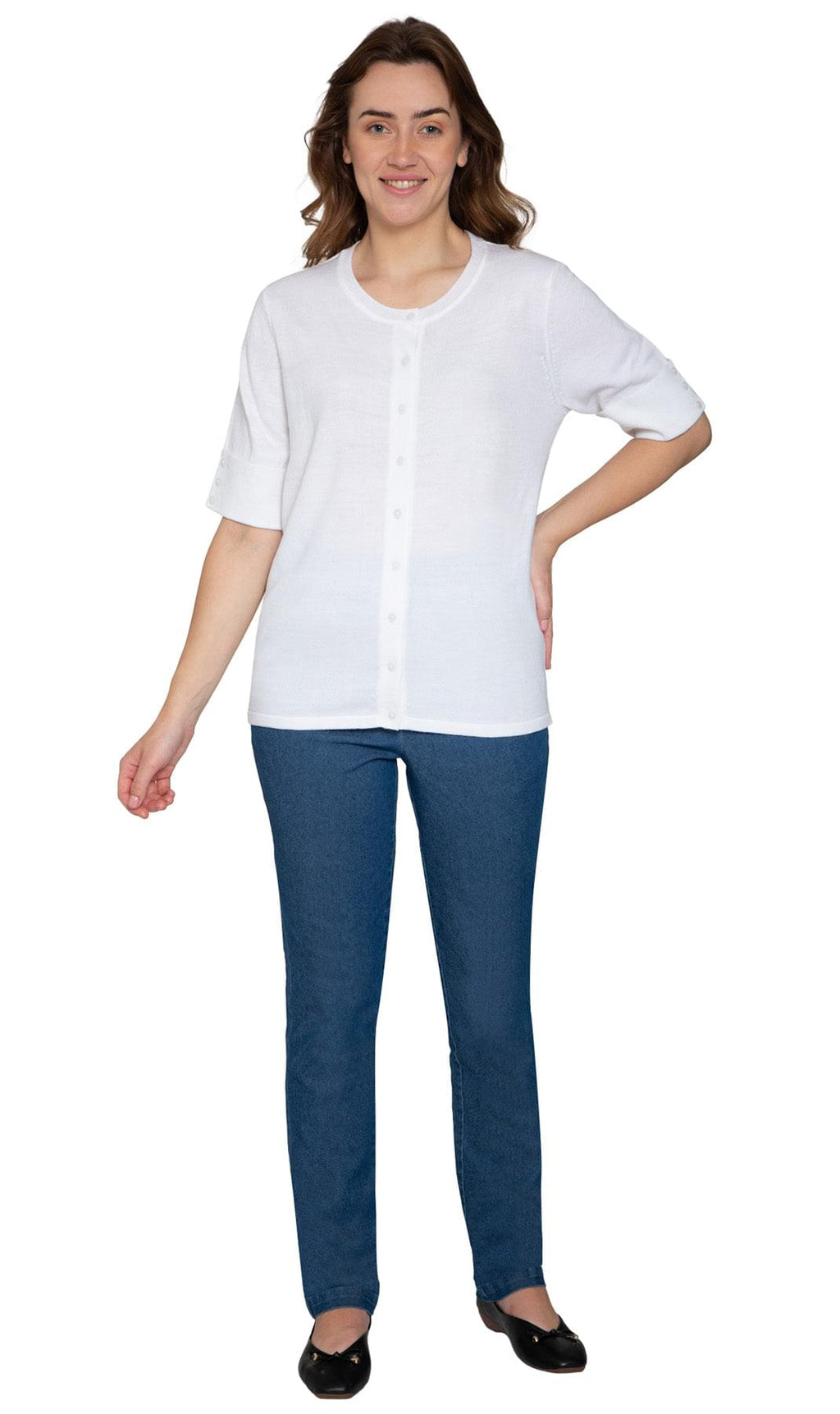 Women's Button Front Cardigan with a Unique Elbow Cuff Style