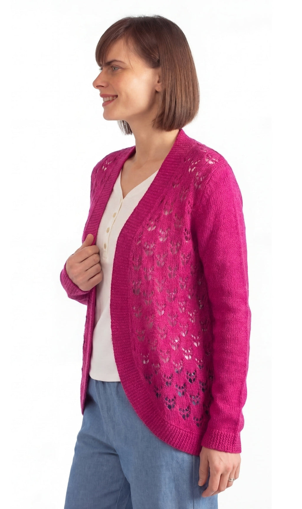 Women's Open Front Curved Hem Pointelle Shrug in Soft Acrylic
