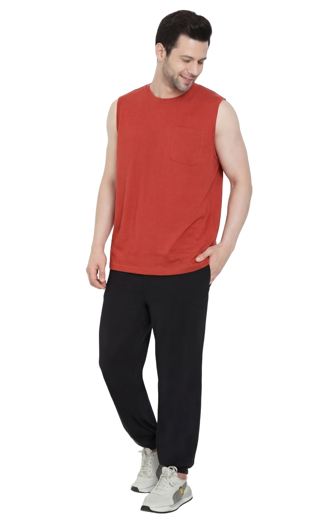 Men’s Sleeveless Crew Neck T-Shirt – Regular Fit, Heavier Cotton Blend Jersey with Chest Pocket