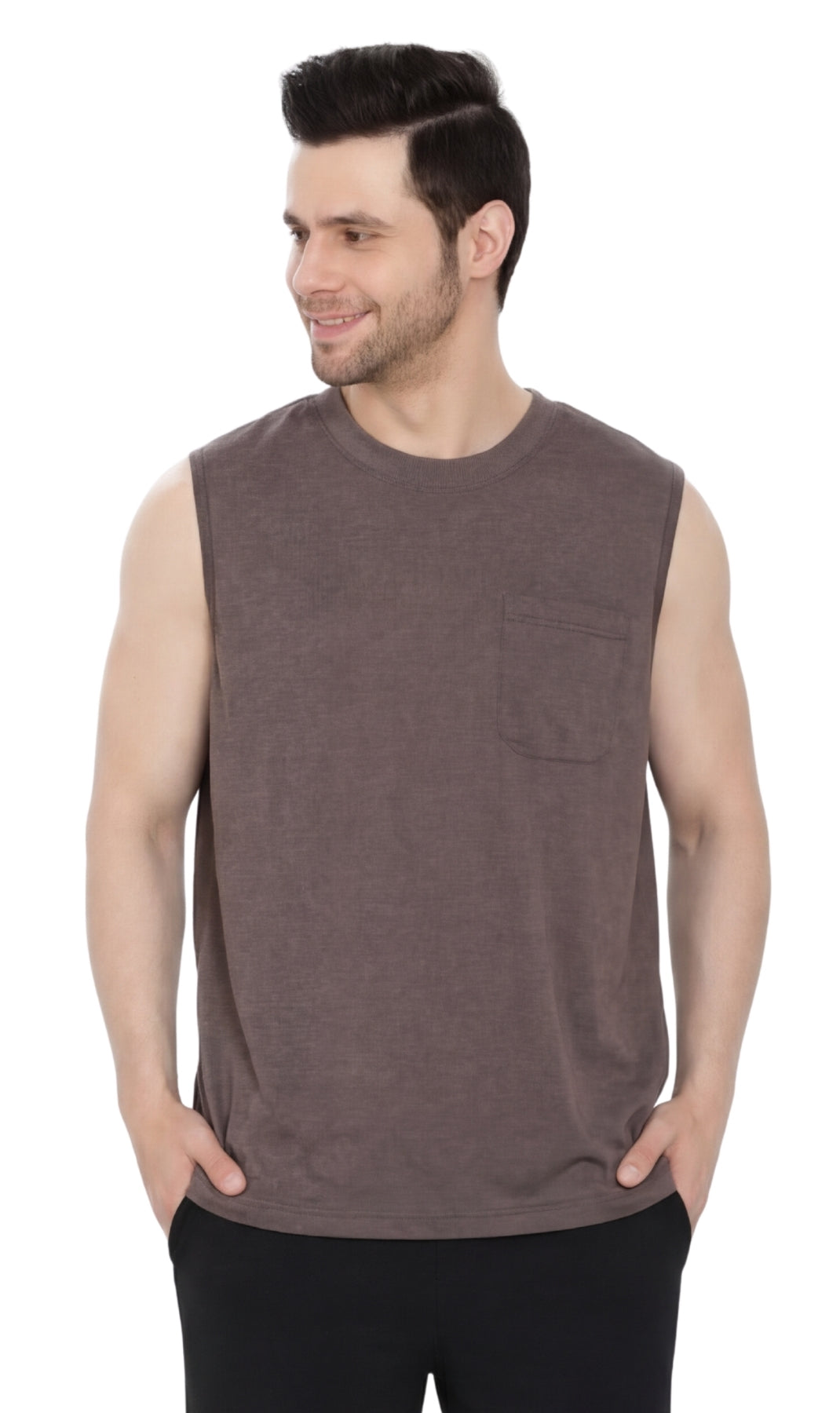 Men’s Sleeveless Crew Neck T-Shirt – Regular Fit, Heavier Cotton Blend Jersey with Chest Pocket