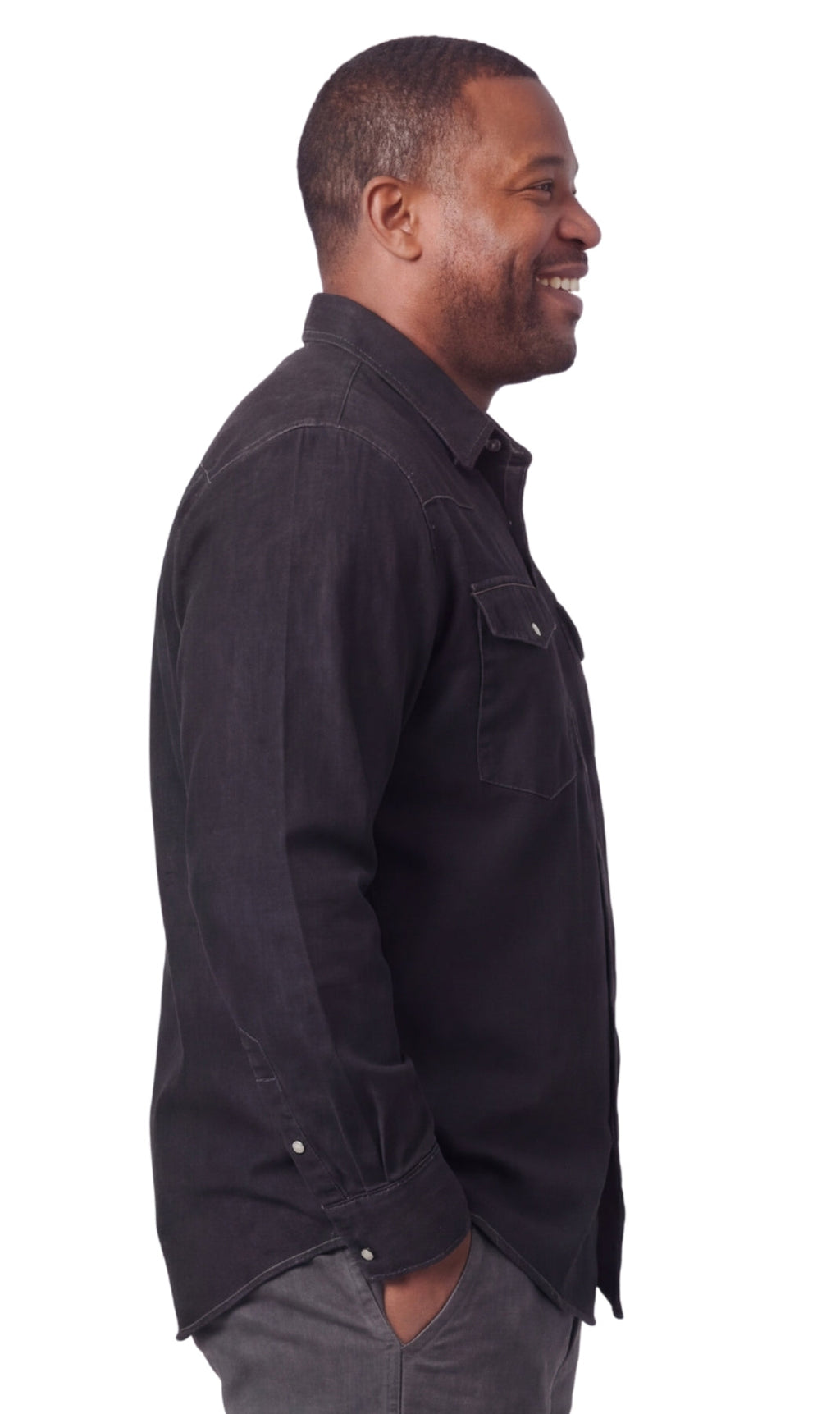 Mens Western Snap Front Button Shirt in Denim and Twill with a Stitched Yoke and Chest Pockets