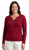 Women's Open Crochet And Jewel Trim V-Neck Knit Top in Cotton Rib Knit