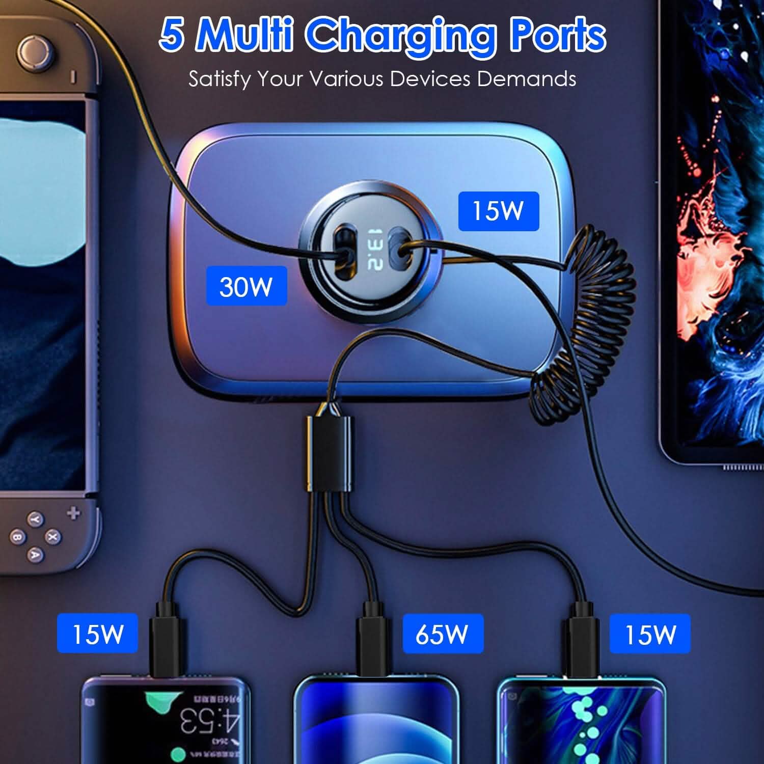 5-in-1 Fast Charge Car Charger QC PD USB Type C LT 5 Port with 4ft Coiled Cable