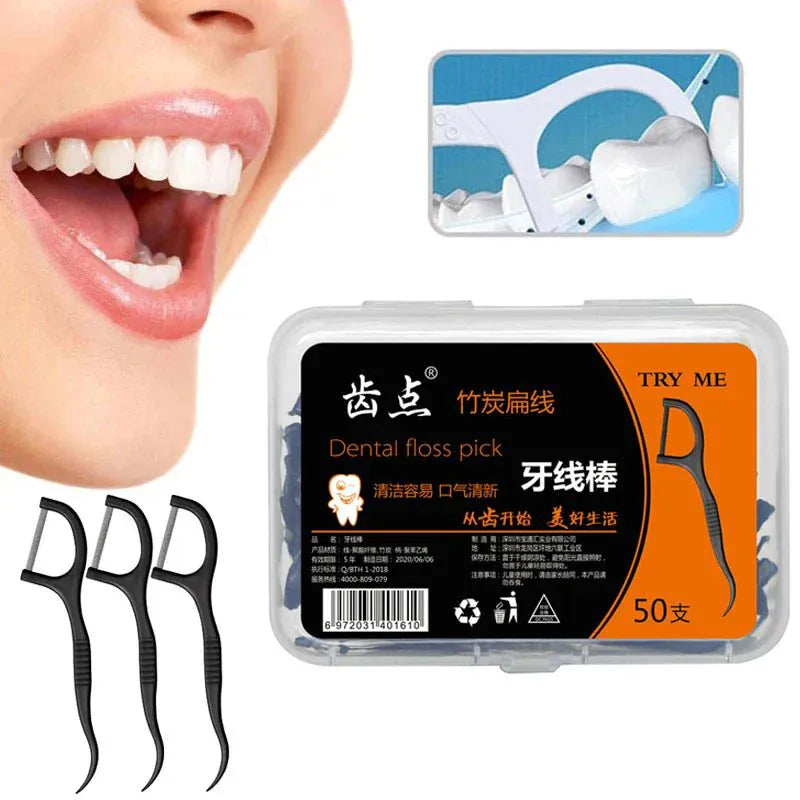 50pcs Interdental Brush & Floss Picks – Bamboo Charcoal