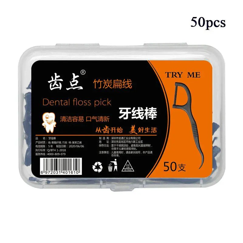 50pcs Interdental Brush & Floss Picks – Bamboo Charcoal