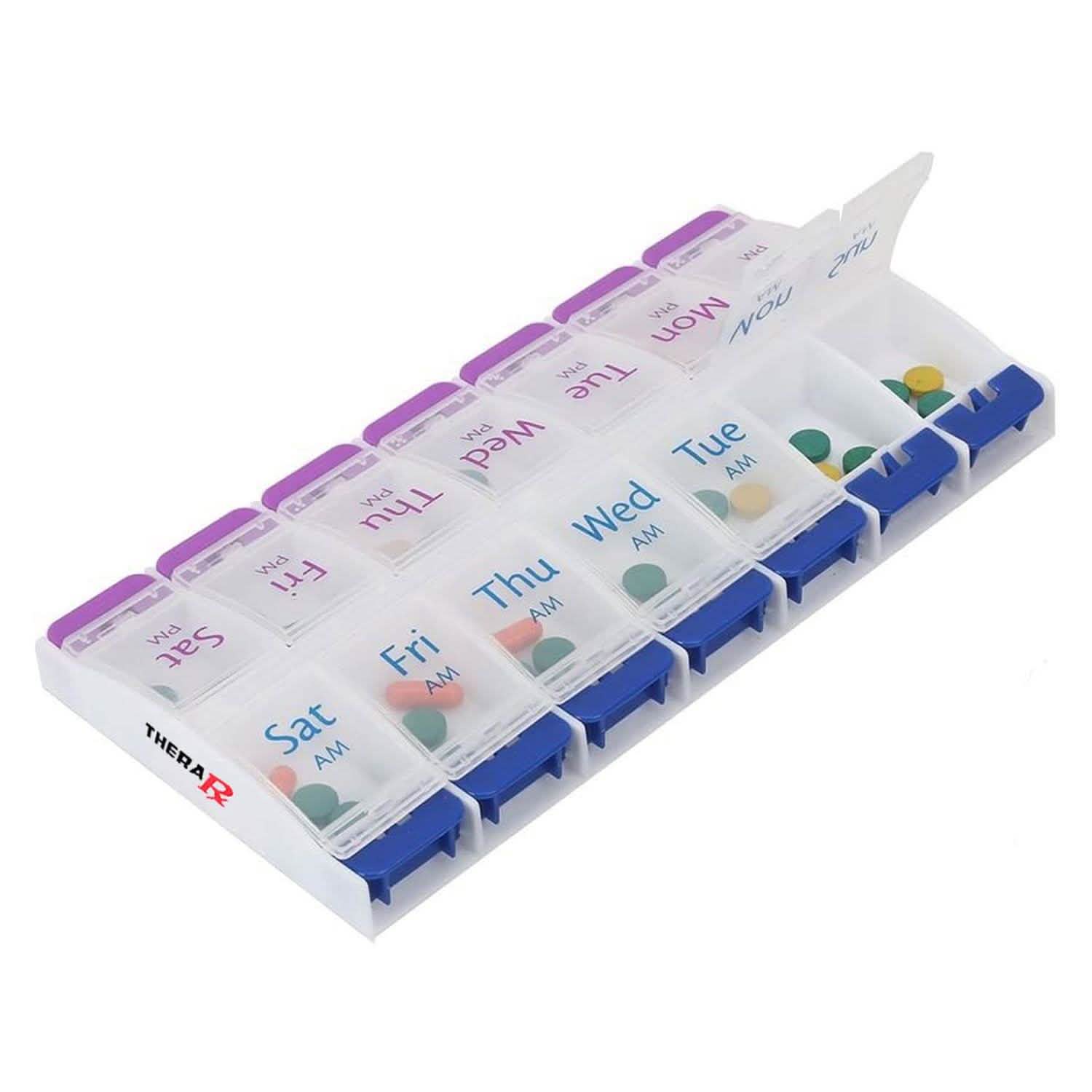 7-Day Push Button Pill, Medicine, Vitamin Organizer with AM/PM Large Compartments
