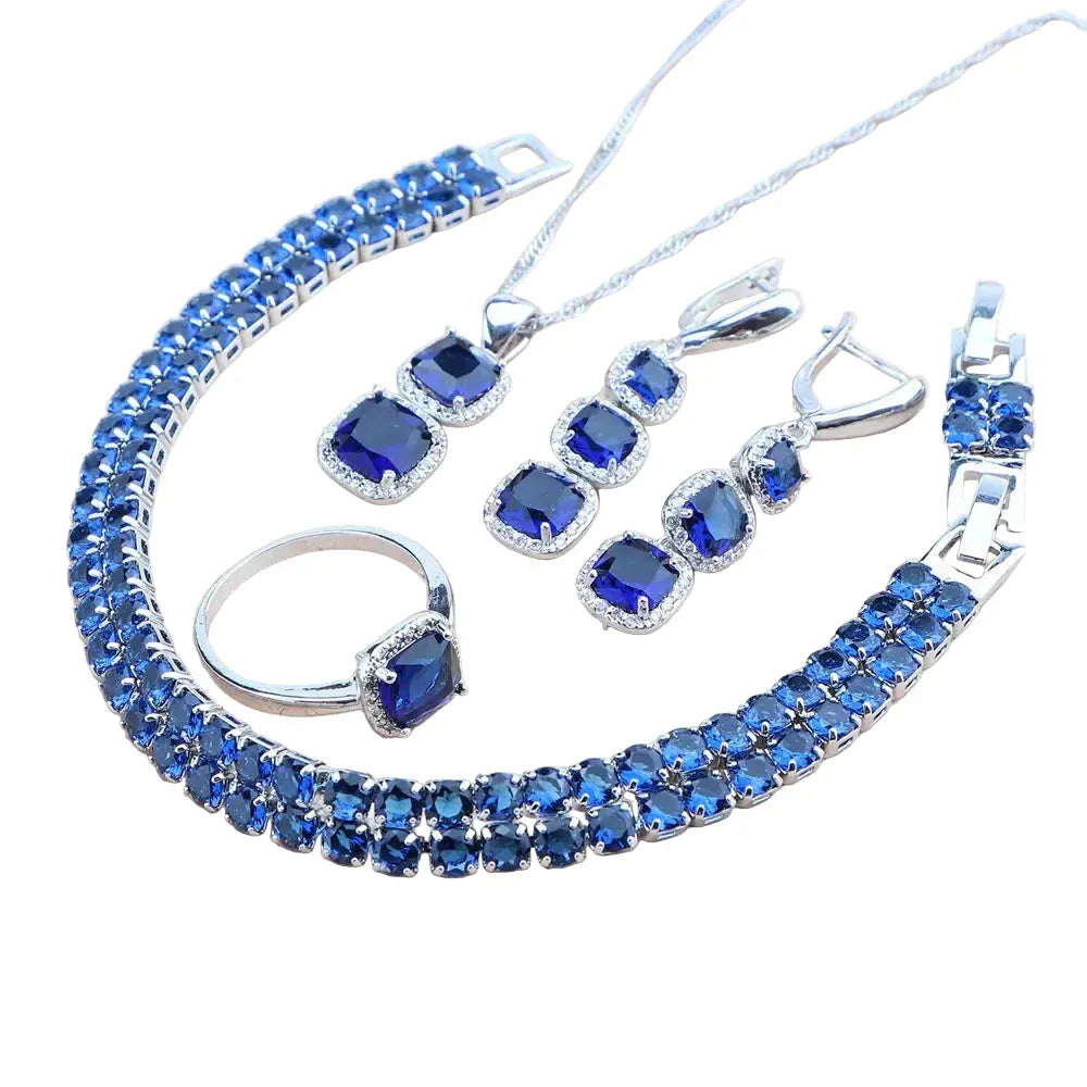 925 Sterling Silver Jewelry Set – Blue Zircon Bridal Necklace, Earrings & Bracelet