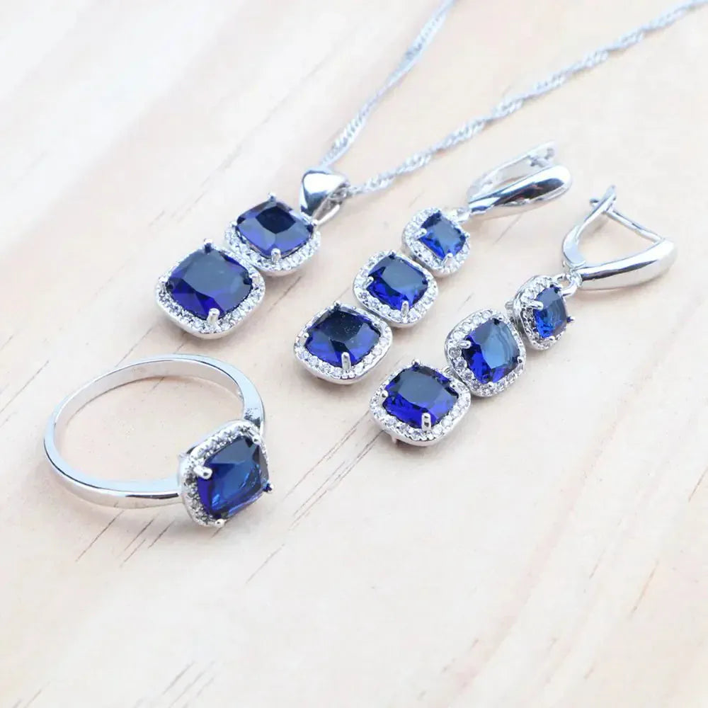 925 Sterling Silver Jewelry Set – Blue Zircon Bridal Necklace, Earrings & Bracelet