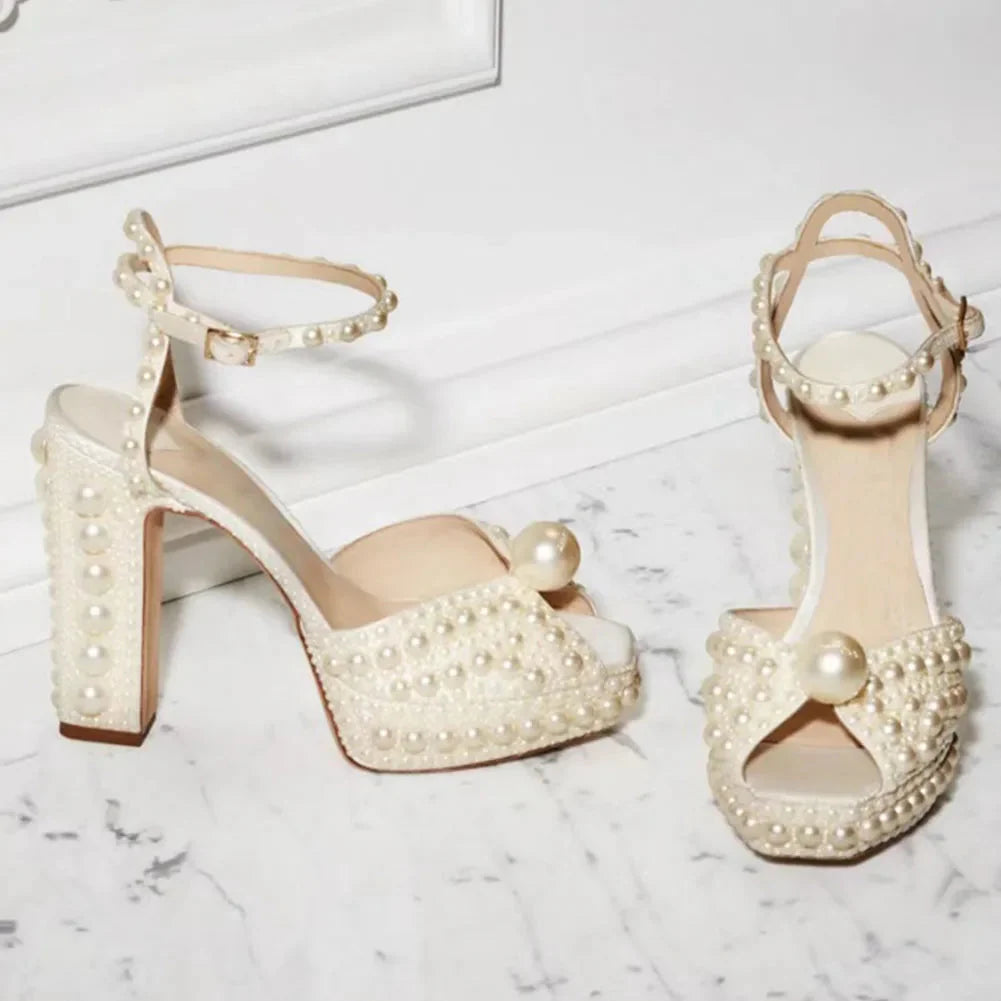 Beaded Thick Heel Platform Sandals For Women.