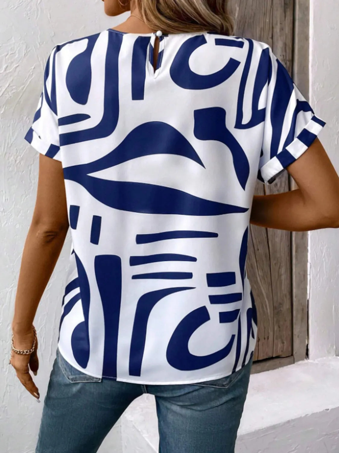 Contrast Round Neck Short Sleeve Blouse