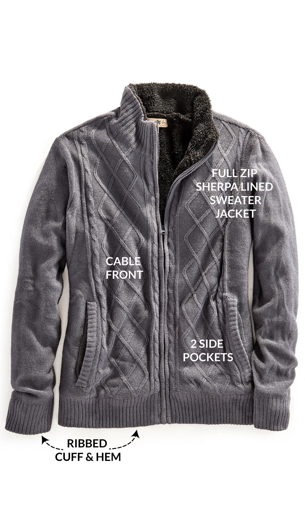 Mens Sherpa Fleece Lined Zip Front Sweater Jacket