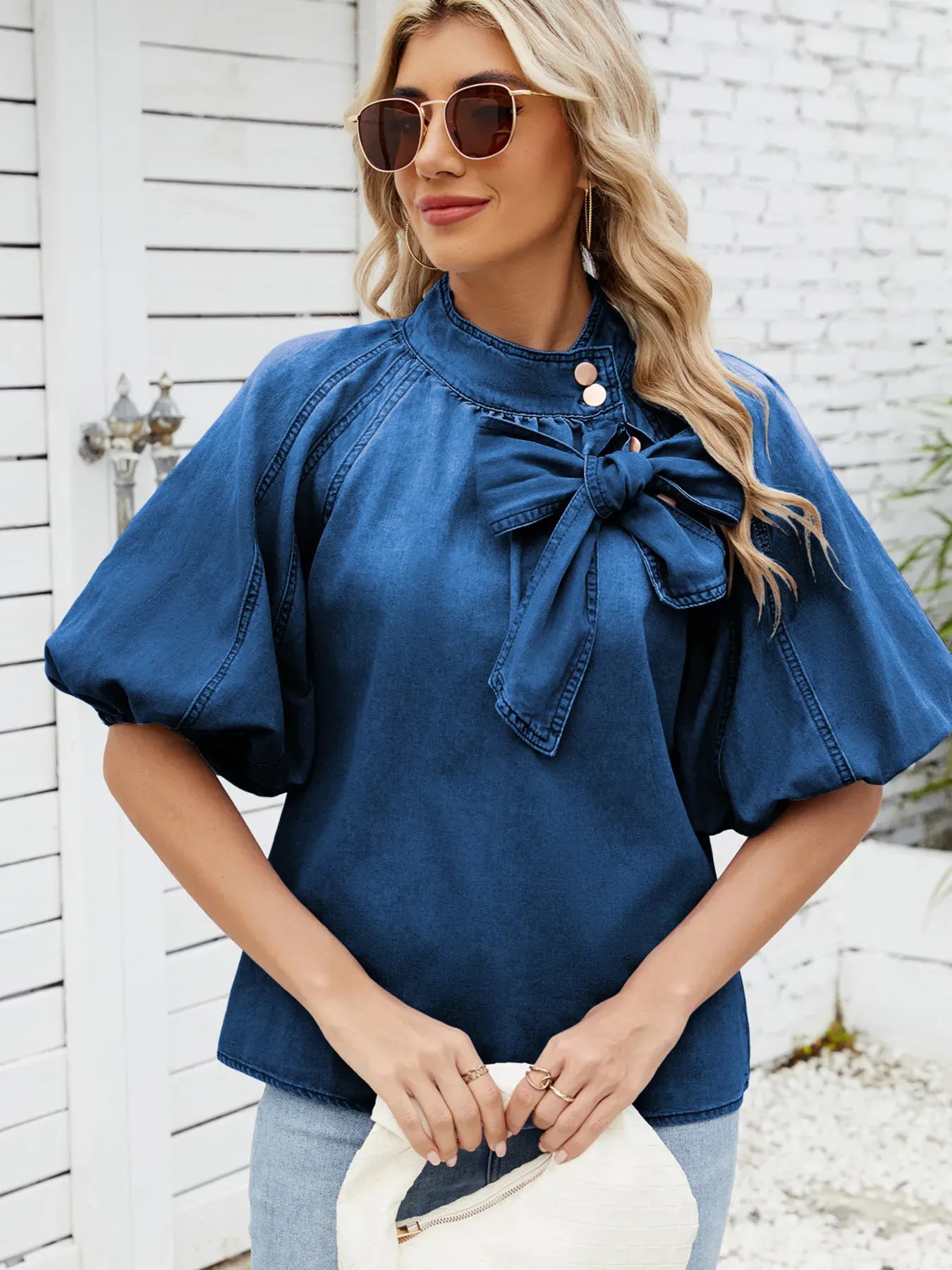 Denim Bow Tie Puff Sleeve Ladies Top