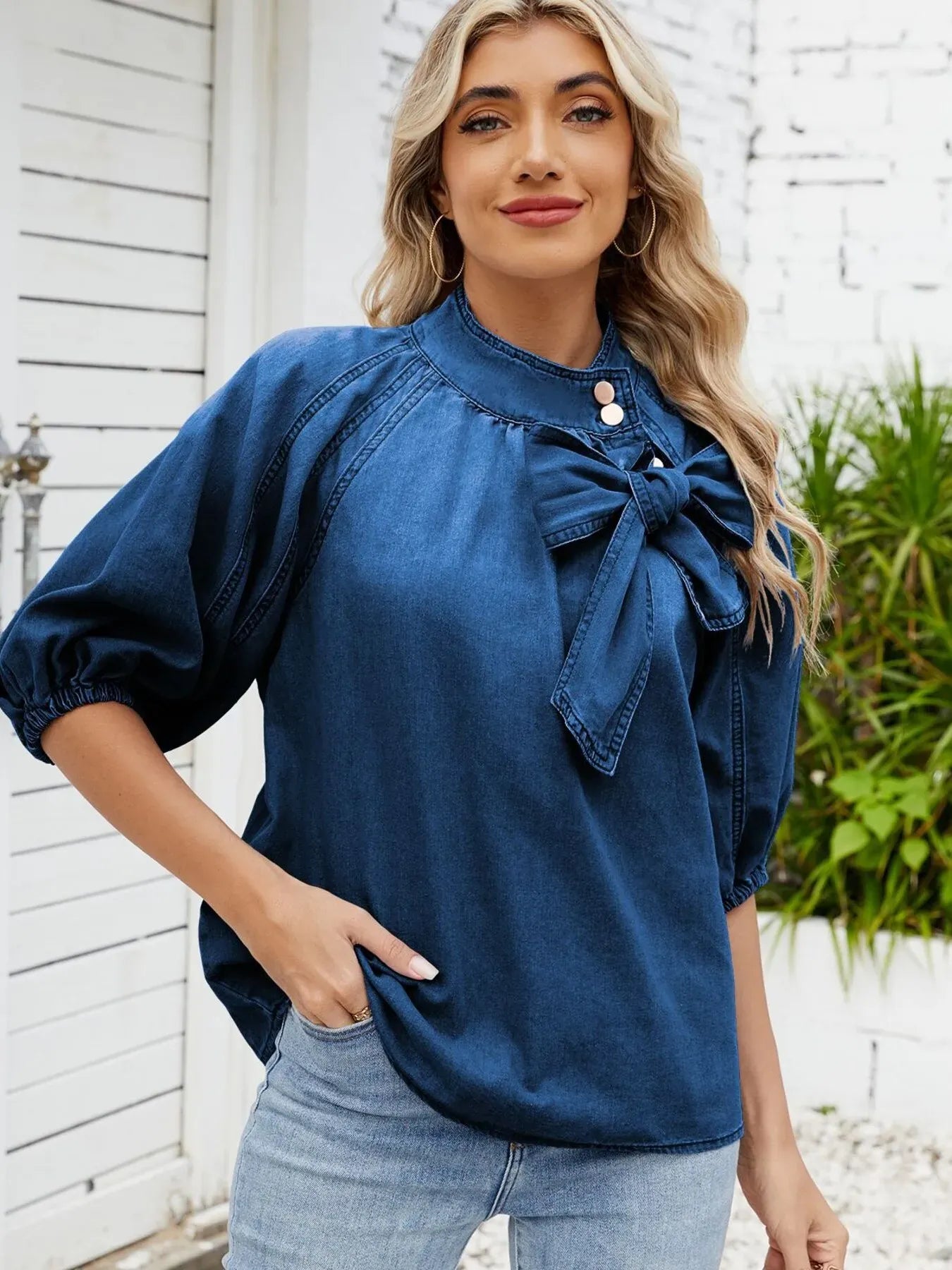 Denim Bow Tie Puff Sleeve Ladies Top