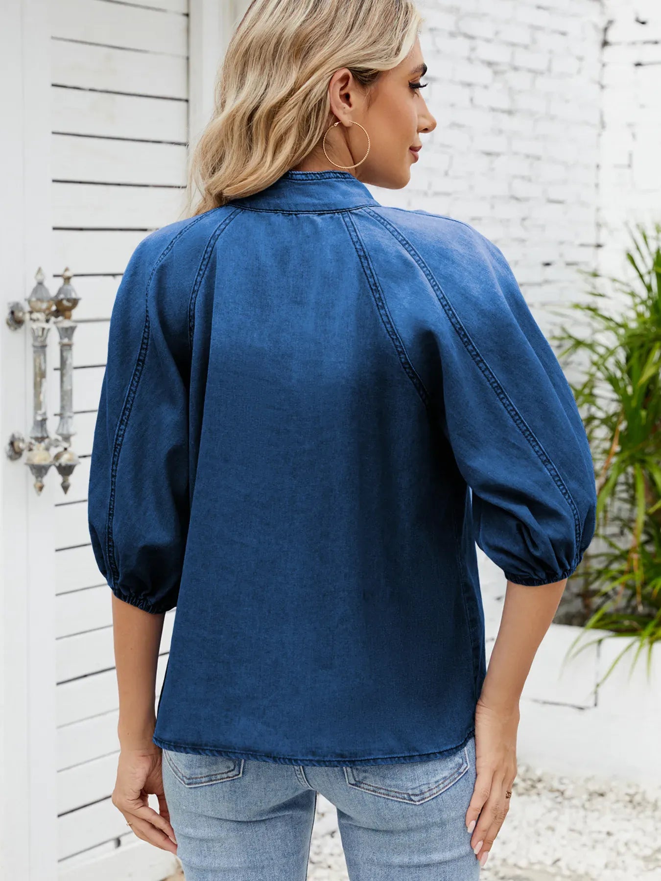 Denim Bow Tie Puff Sleeve Ladies Top
