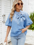 Denim Bow Tie Puff Sleeve Ladies Top