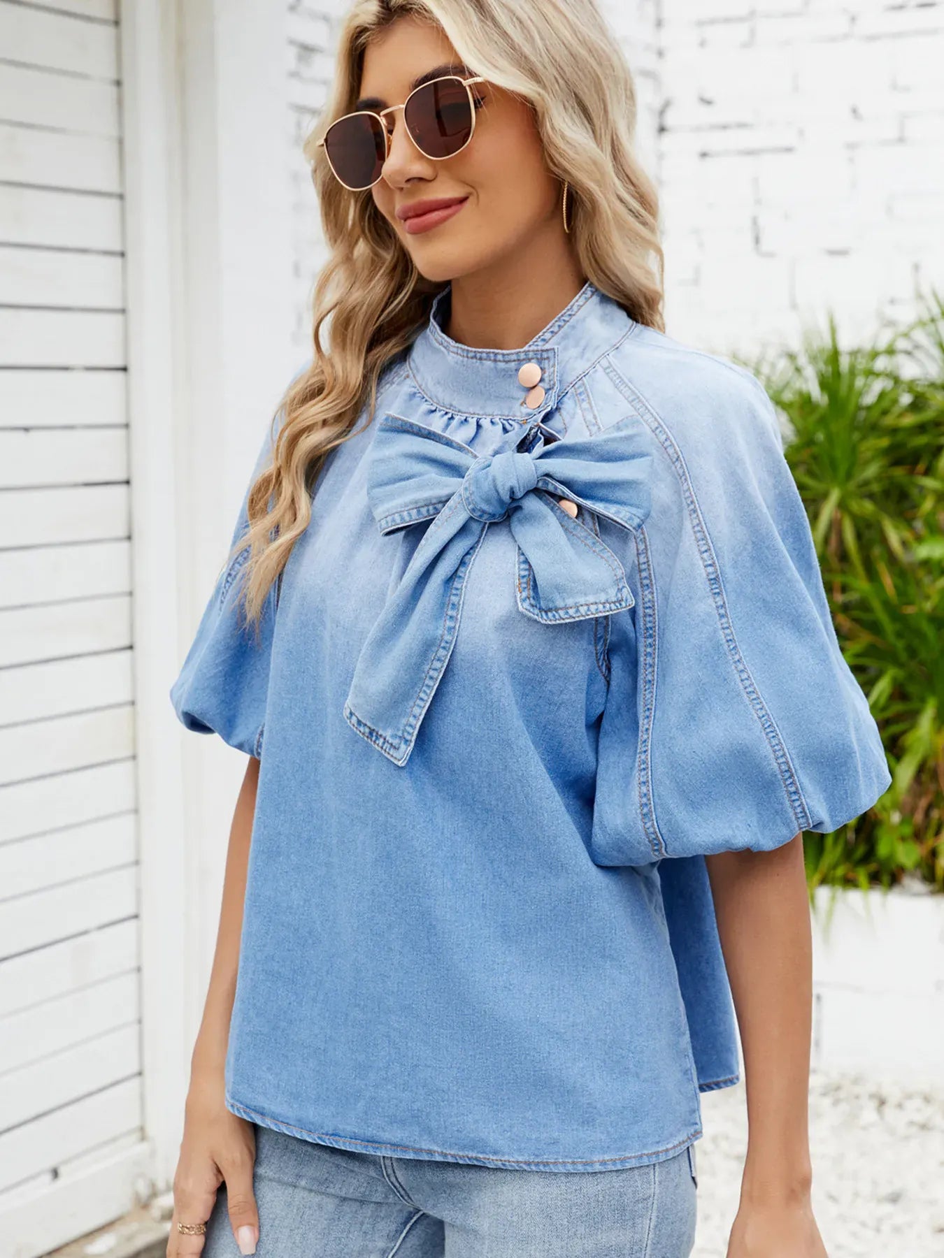 Denim Bow Tie Puff Sleeve Ladies Top