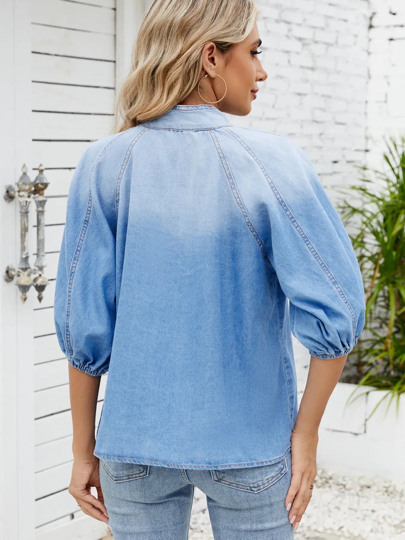 Denim Bow Tie Puff Sleeve Ladies Top