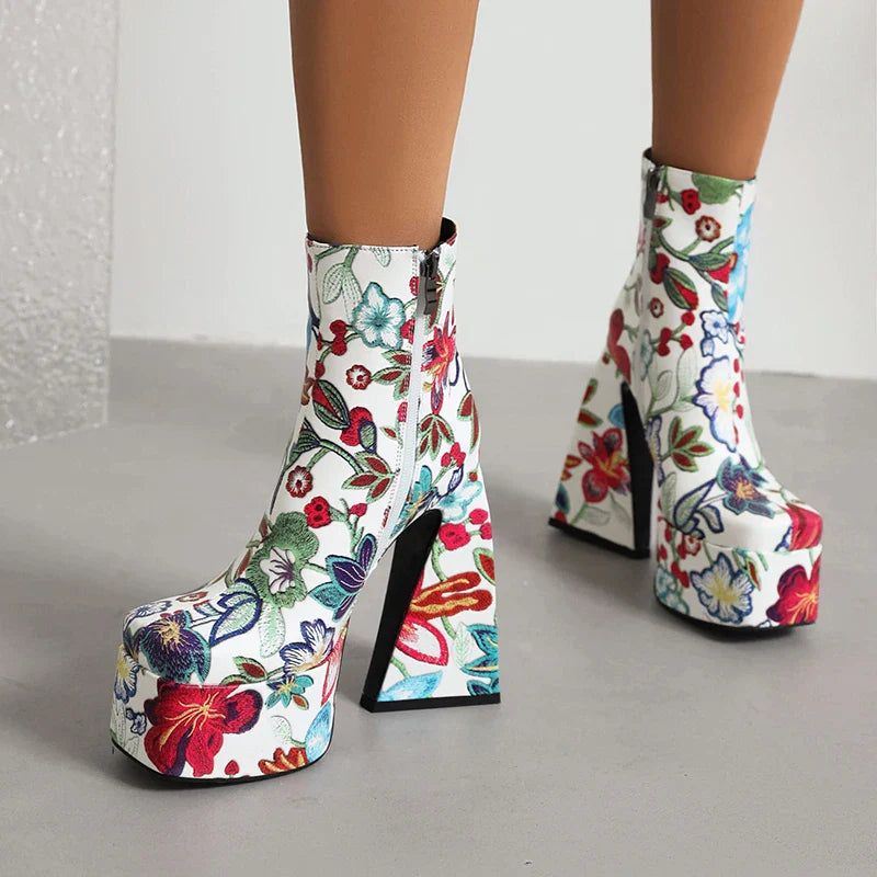 Flower Chunky Heel Boots