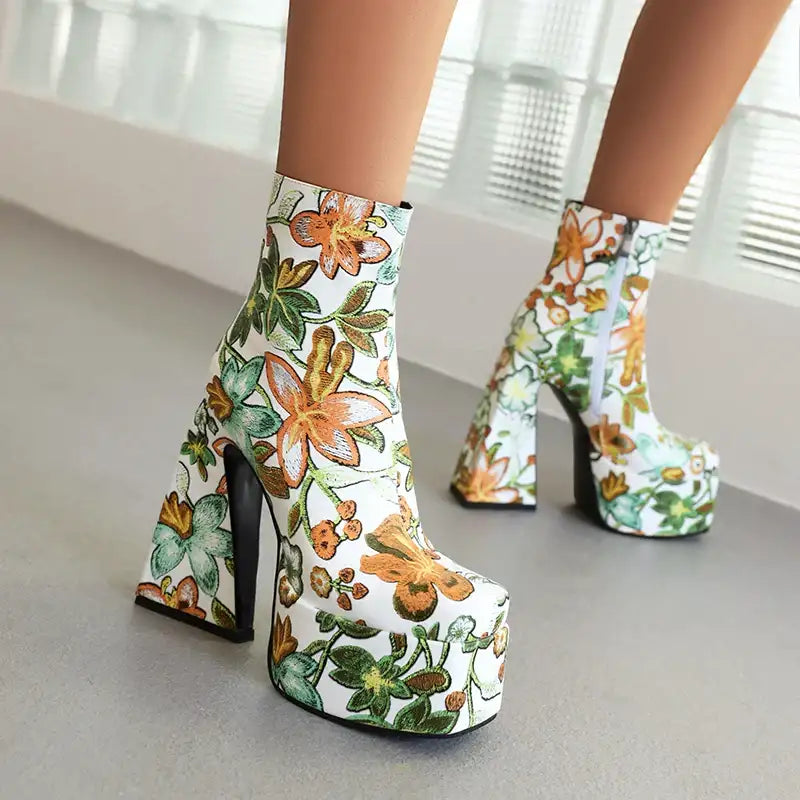 Flower Chunky Heel Boots