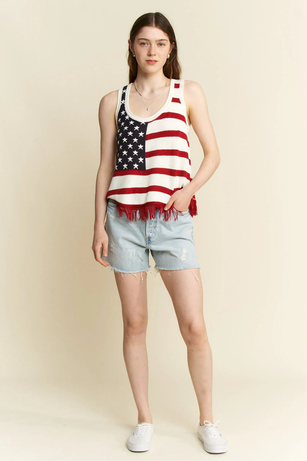 Full Size American Flag Fringe Tank Top Plus Size