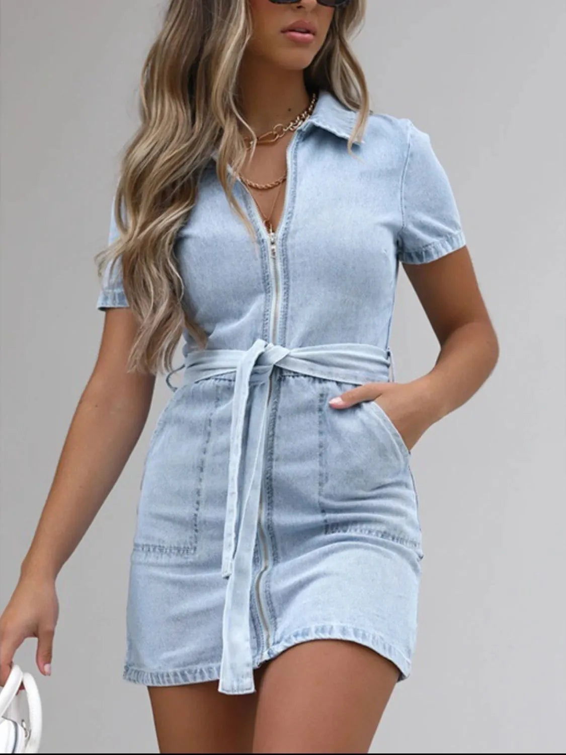 Full Size Zip Front Short Sleeve Denim Dress Plus Size.