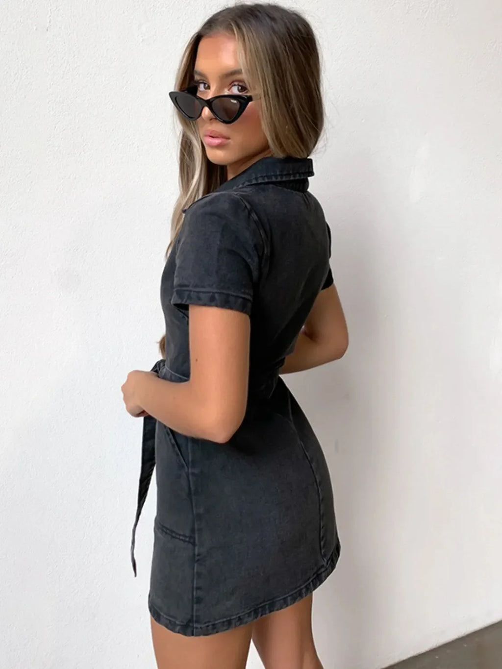 Full Size Zip Front Short Sleeve Denim Dress Plus Size.