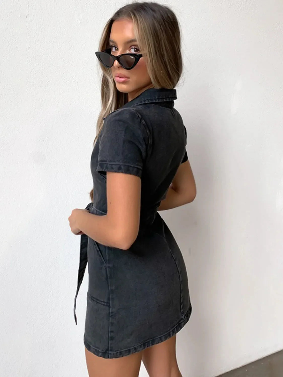 Full Size Zip Front Short Sleeve Denim Dress Plus Size.