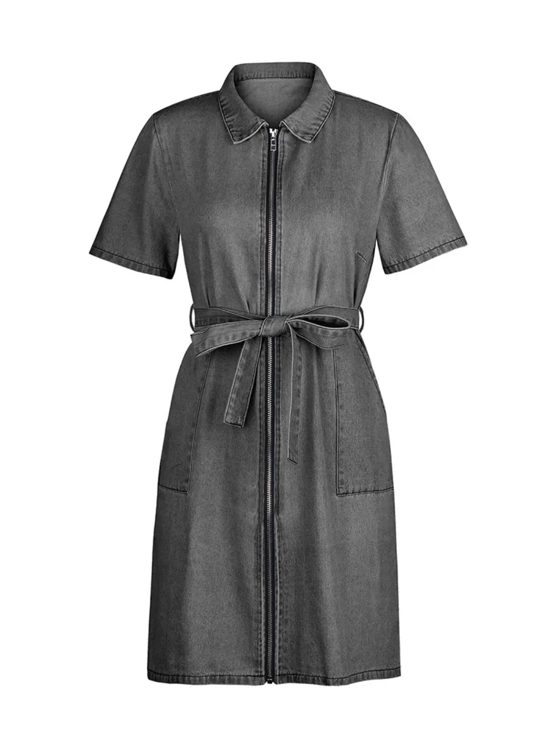 Full Size Zip Front Short Sleeve Denim Dress Plus Size.
