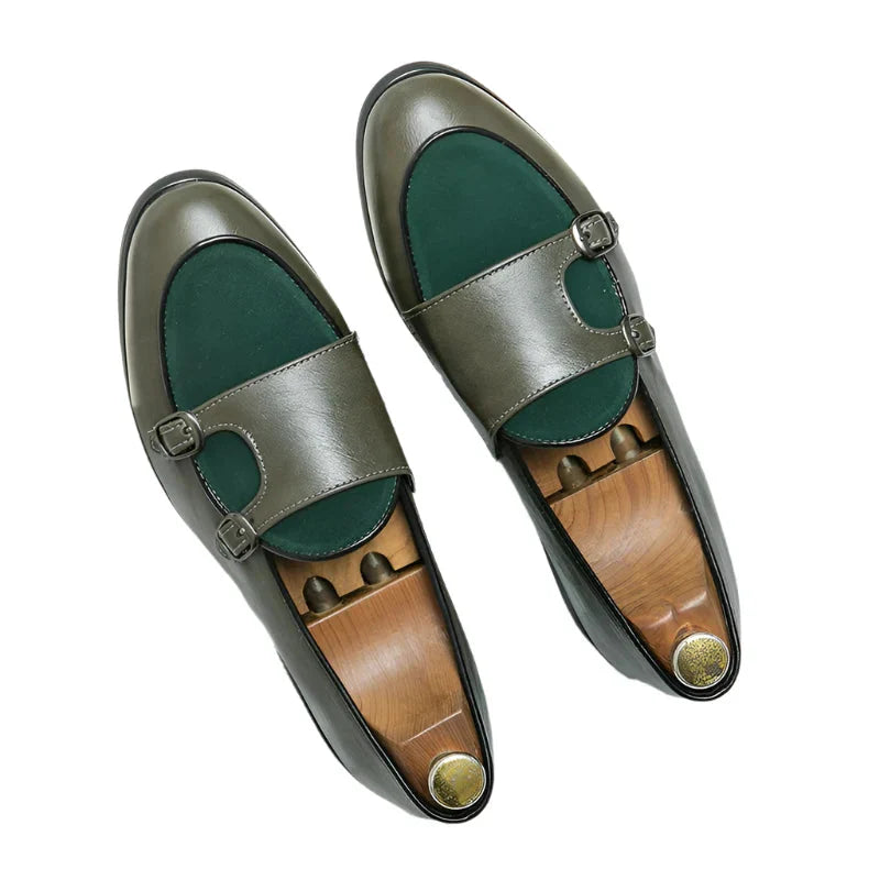 Green Shallow Loafers Double Buckle &nbsp;Men Fashion Shoes.