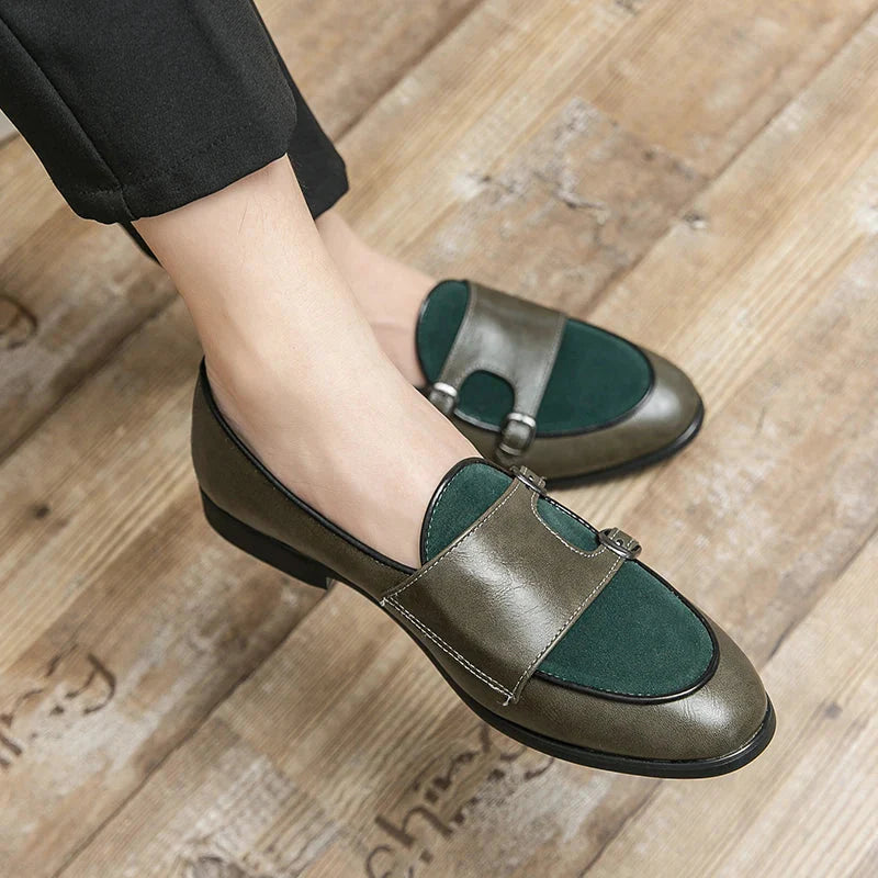 Green Shallow Loafers Double Buckle &nbsp;Men Fashion Shoes.