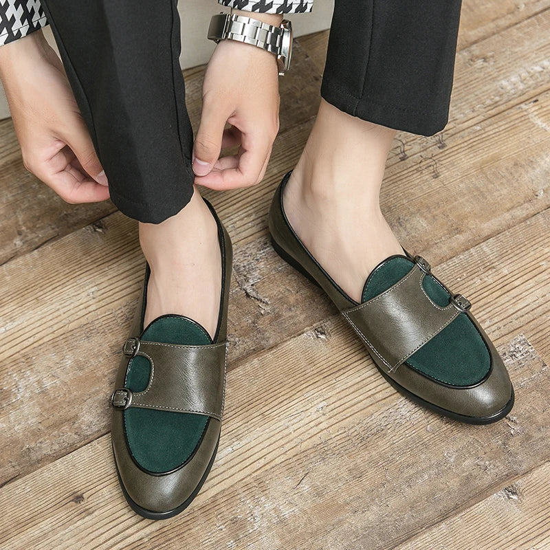 Green Shallow Loafers Double Buckle &nbsp;Men Fashion Shoes.