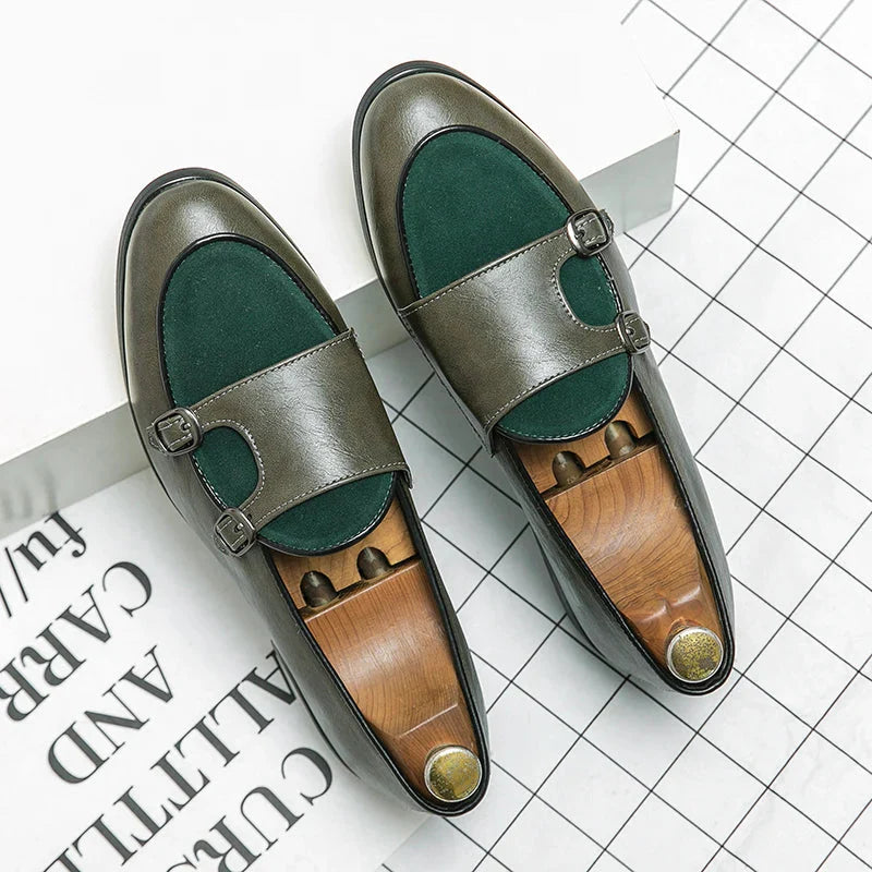 Green Shallow Loafers Double Buckle &nbsp;Men Fashion Shoes.