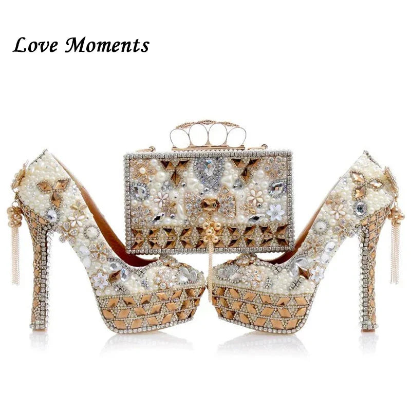 Luxury Beige Pearl Wedding Shoes with matching Bag.
