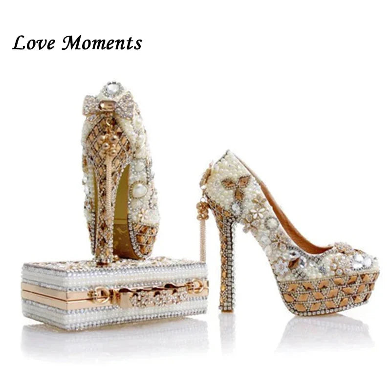 Luxury Beige Pearl Wedding Shoes with matching Bag.
