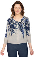 Women's 3/4 Sleeve Knit Printed And Embellished Cardigan Sweater