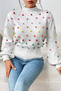 Pom-Pom Trim Mock Neck Long Sleeve Pullover Sweater.