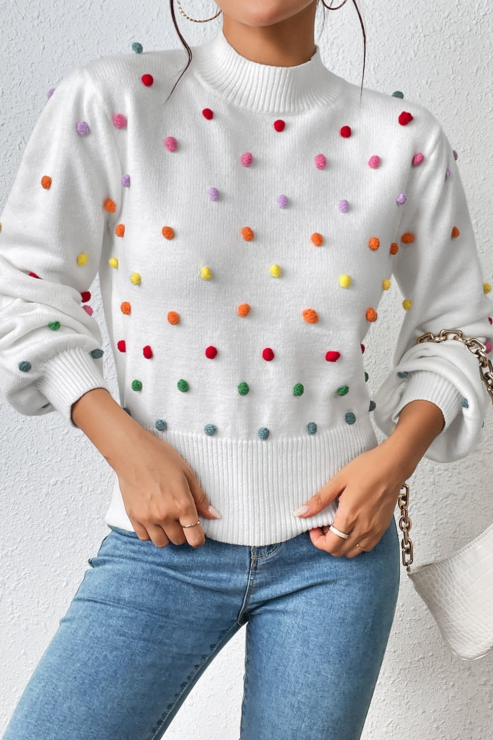 Pom-Pom Trim Mock Neck Long Sleeve Pullover Sweater.