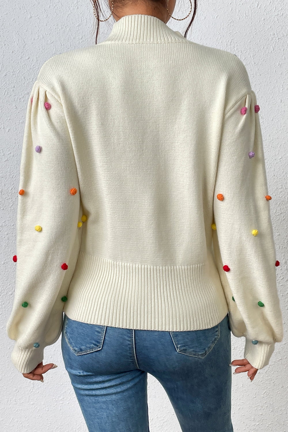 Pom-Pom Trim Mock Neck Long Sleeve Pullover Sweater.