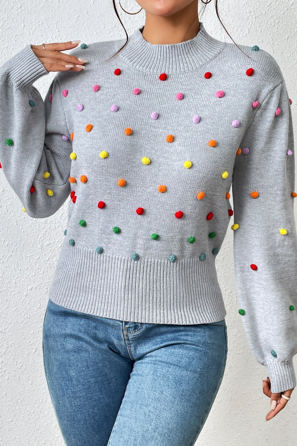 Pom-Pom Trim Mock Neck Long Sleeve Pullover Sweater.