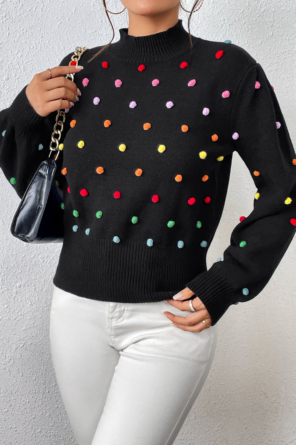Pom-Pom Trim Mock Neck Long Sleeve Pullover Sweater.