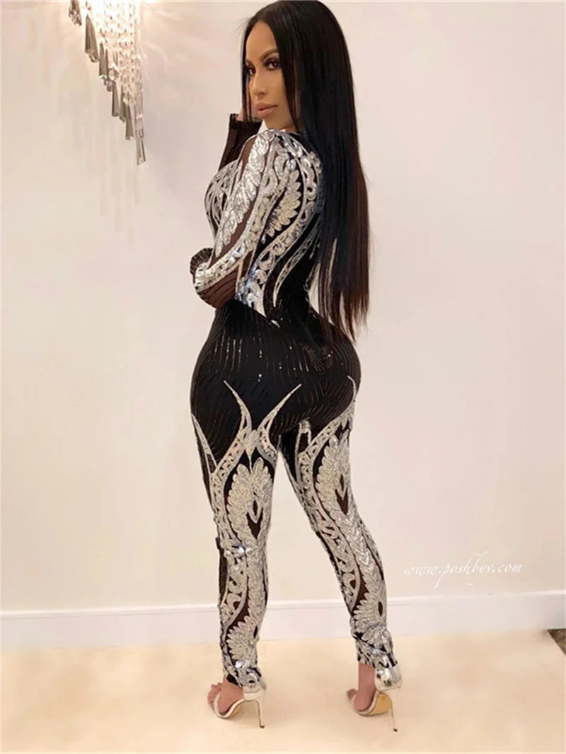 See through Sequin Long Sleeve Jumpsuit.