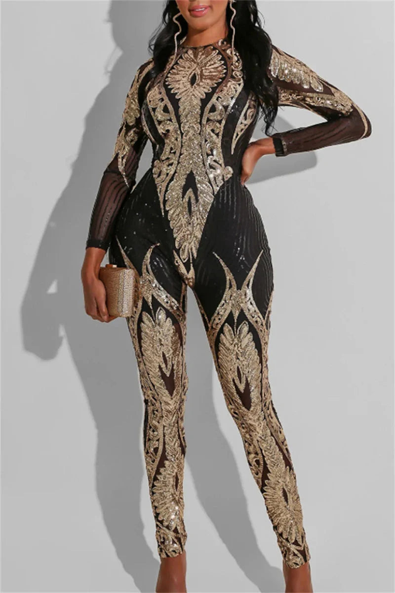 See through Sequin Long Sleeve Jumpsuit.