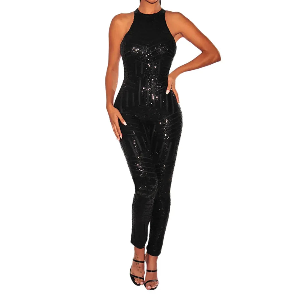 Sequin Off Shoulder O-neck Jumpsuit.