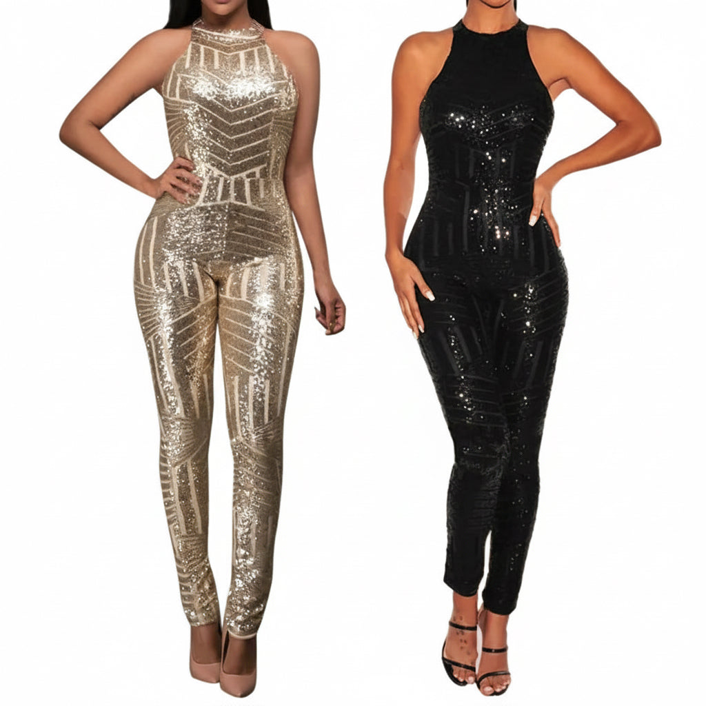Sequin Off Shoulder O-neck Jumpsuit.