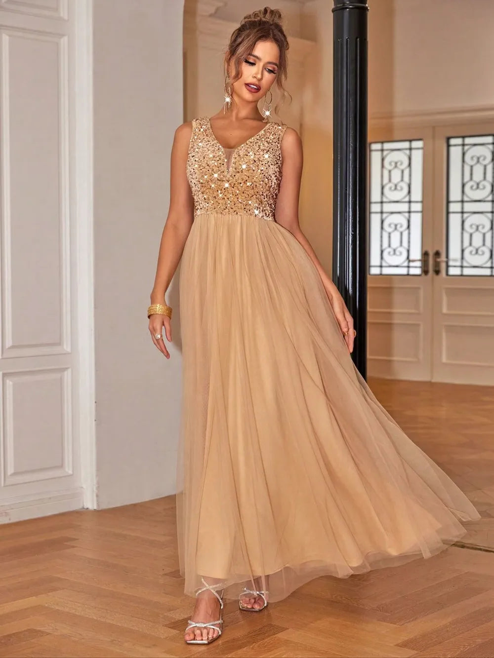Sequin V-Neck Sleeveless Dress.