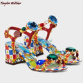 Summer Gemstone Thick Heel Printed Dress Sandals for Women.