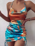 Tie-Dye Halter Ruched Mini Dress with Side Drawstring.