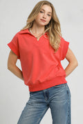 Umgee Luxe Knit Collared Short Sleeve Polo Sweatshirt.