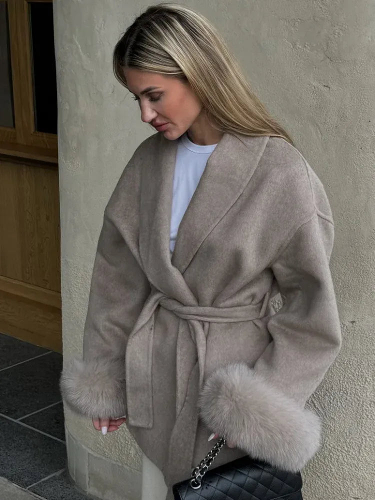 Women's Lace-Up Wool Coat | Furry Lapel Belted Short Jacket | Autumn Winter